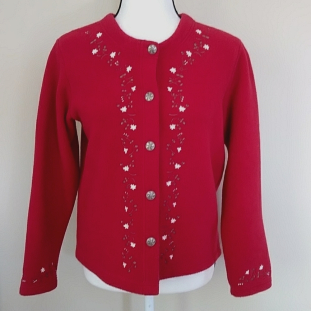 L.L. Bean Fleece Floral Button Up Embroidered Cardigan Sweater XS Regular Red - Picture 3 of 16